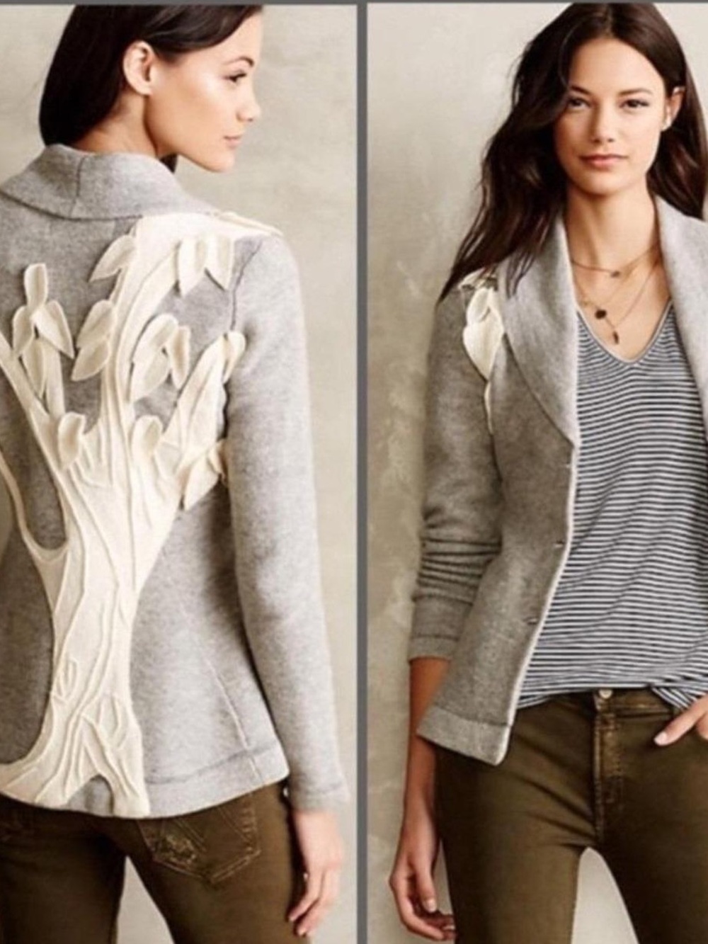 Anthropologie Rosie Neira Gray Knit Lambswool Corsage Cardigan Blazer Large